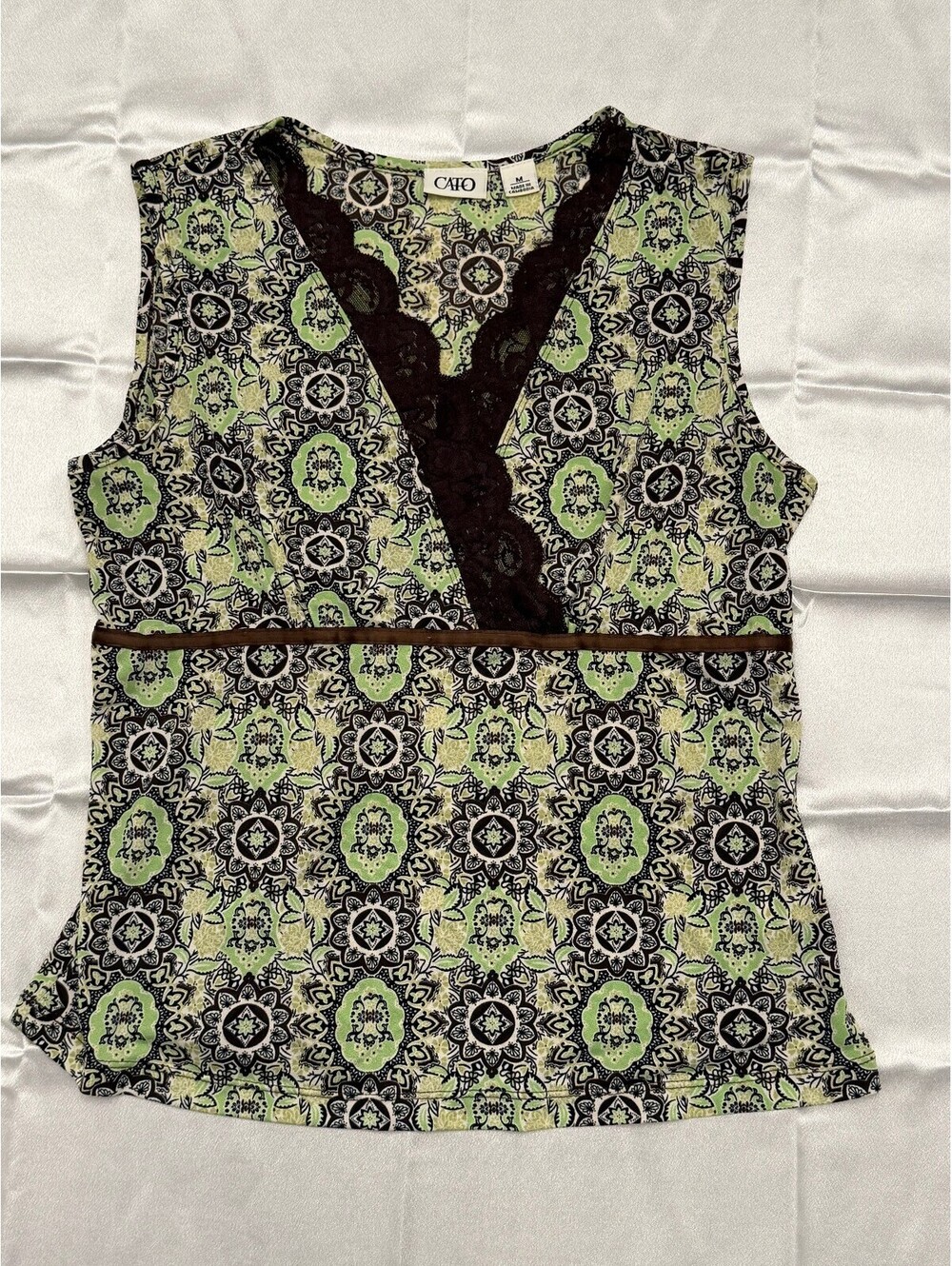 Vintage Y2K Cato Medallion Lace Trim Cami Top M Green Brown Empire Waist